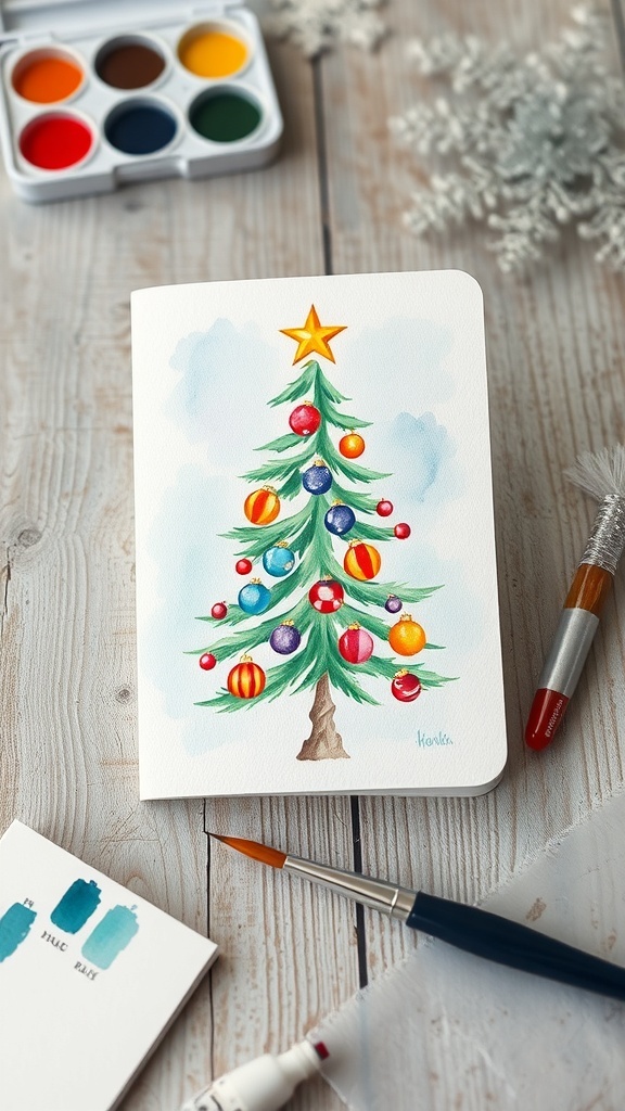 A watercolor Christmas card with a painted Christmas tree on a wooden table with art supplies.